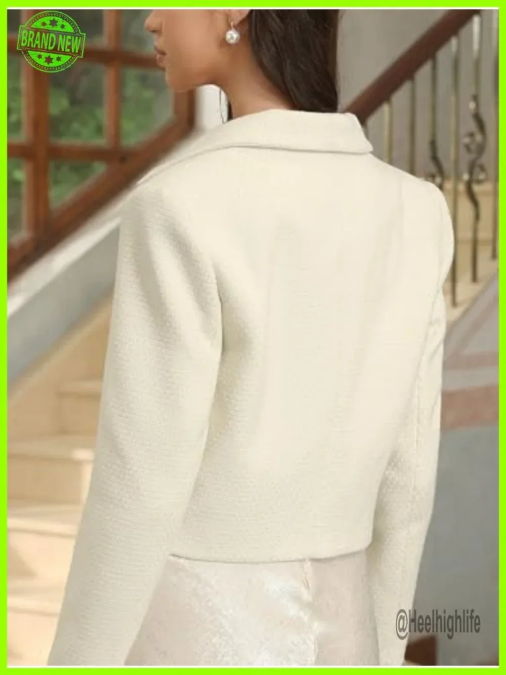 Cropped Tweed Blazer with Pockets, Turn Down Collar, Golden Button Down